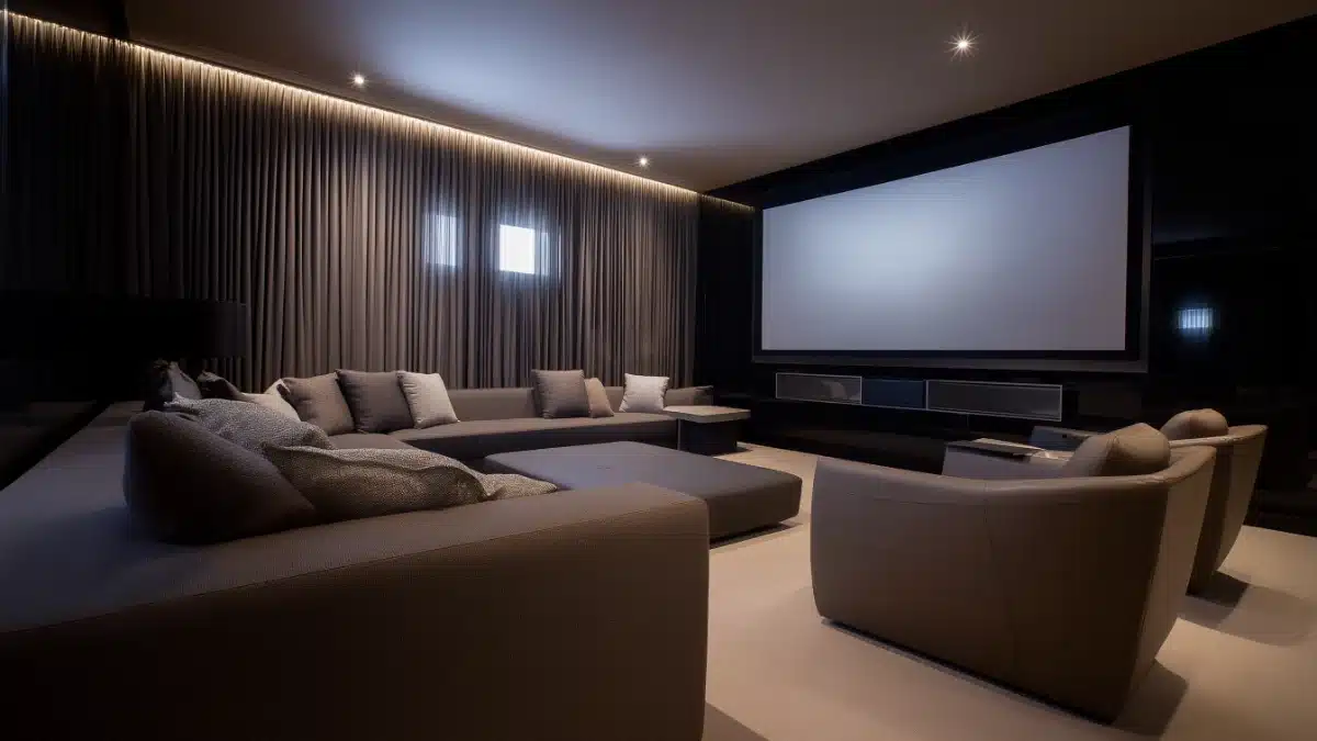 1 Sala Home Cinema progettata con colori scuri e design immersivo