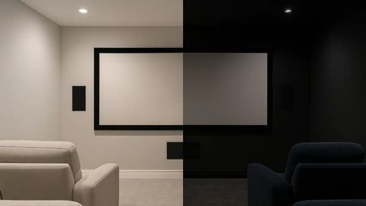 Confronto visivo tra colori chiari e scuri in una sala Home Cinema