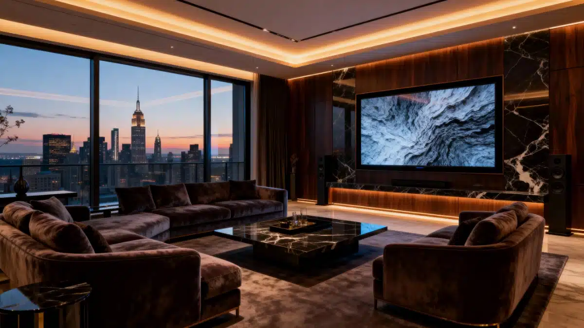 Fotografia di un salotto di design moderno al crepuscolo, con scenari di illuminazione d'atmosfera gestiti da tecnologia domotica invisibile integrata nell'architettura